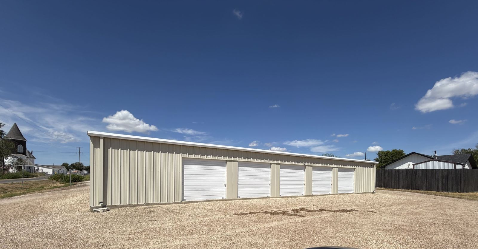 Storage building near neighboring church